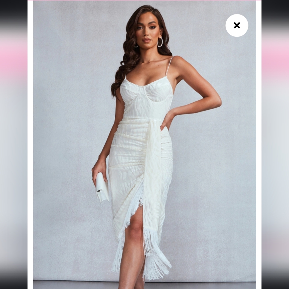 White Devore Tassel Detail Underwired Draped Midi Dress Pretty Little Thing